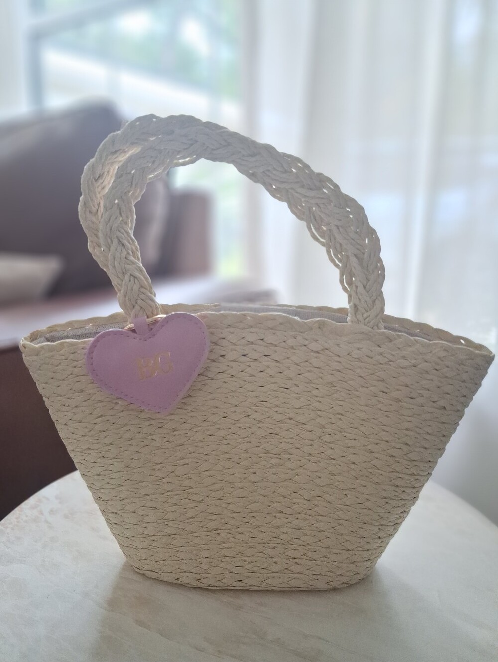 💕 Bergdorf Goodman Woven Straw Mini Tote with Heart Charm 💕
